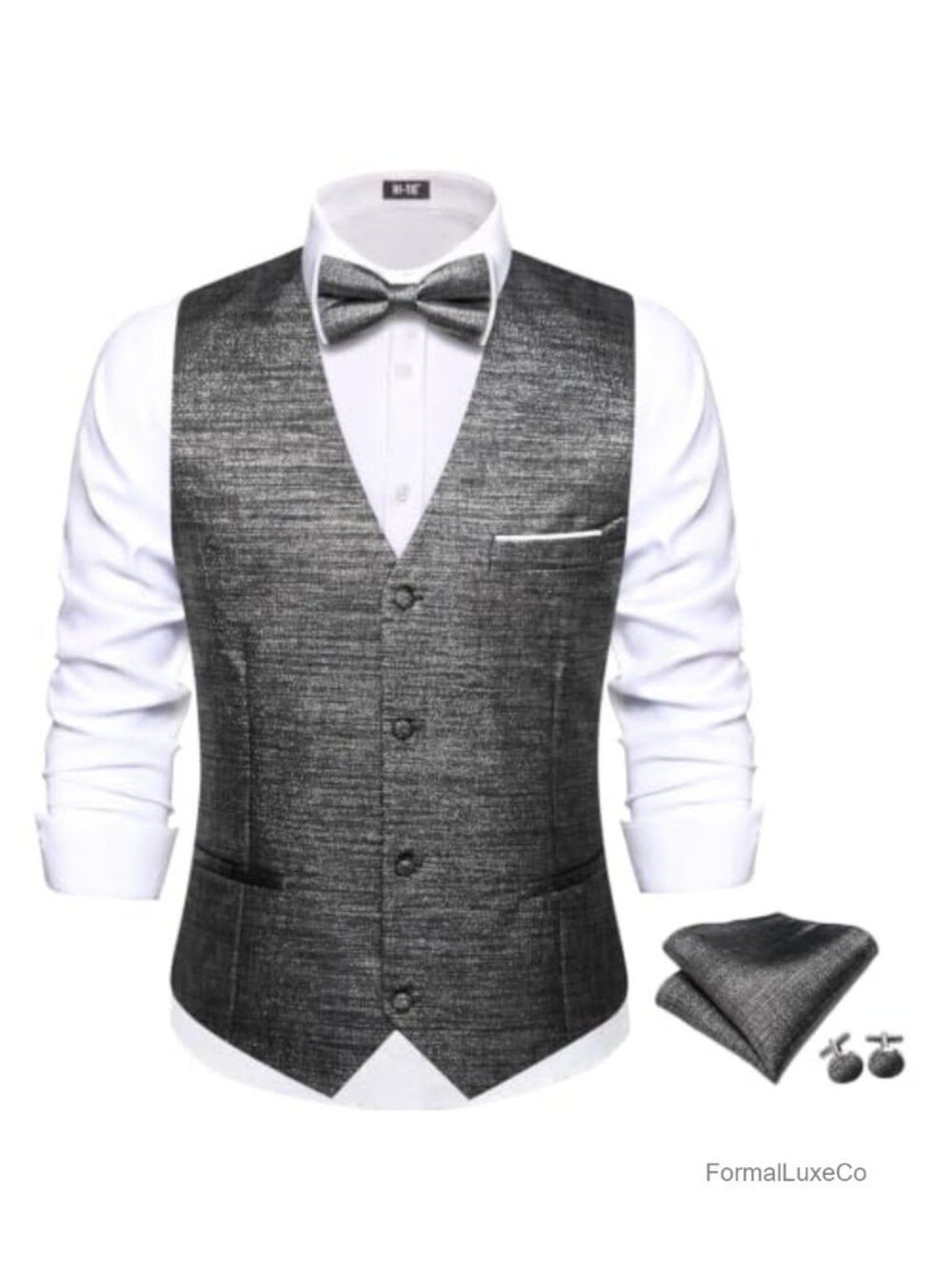 Men's Sequin Vest & Bowtie Set Silk Polyester V-Neck Button Formal Prom Shiny
